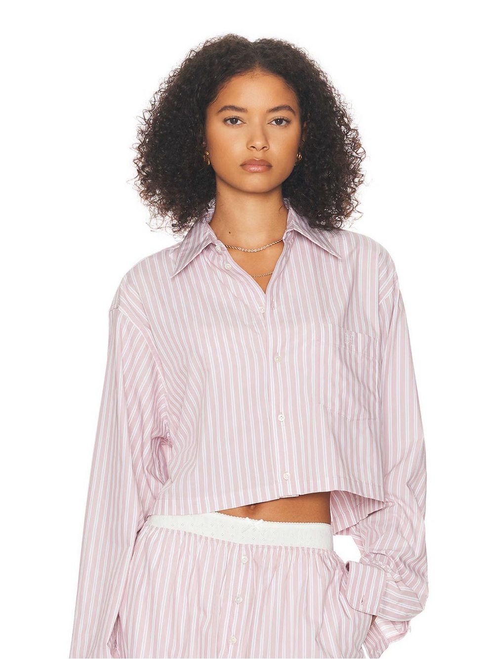 HELSA Wide Stripe Poplin Cropped Shirt